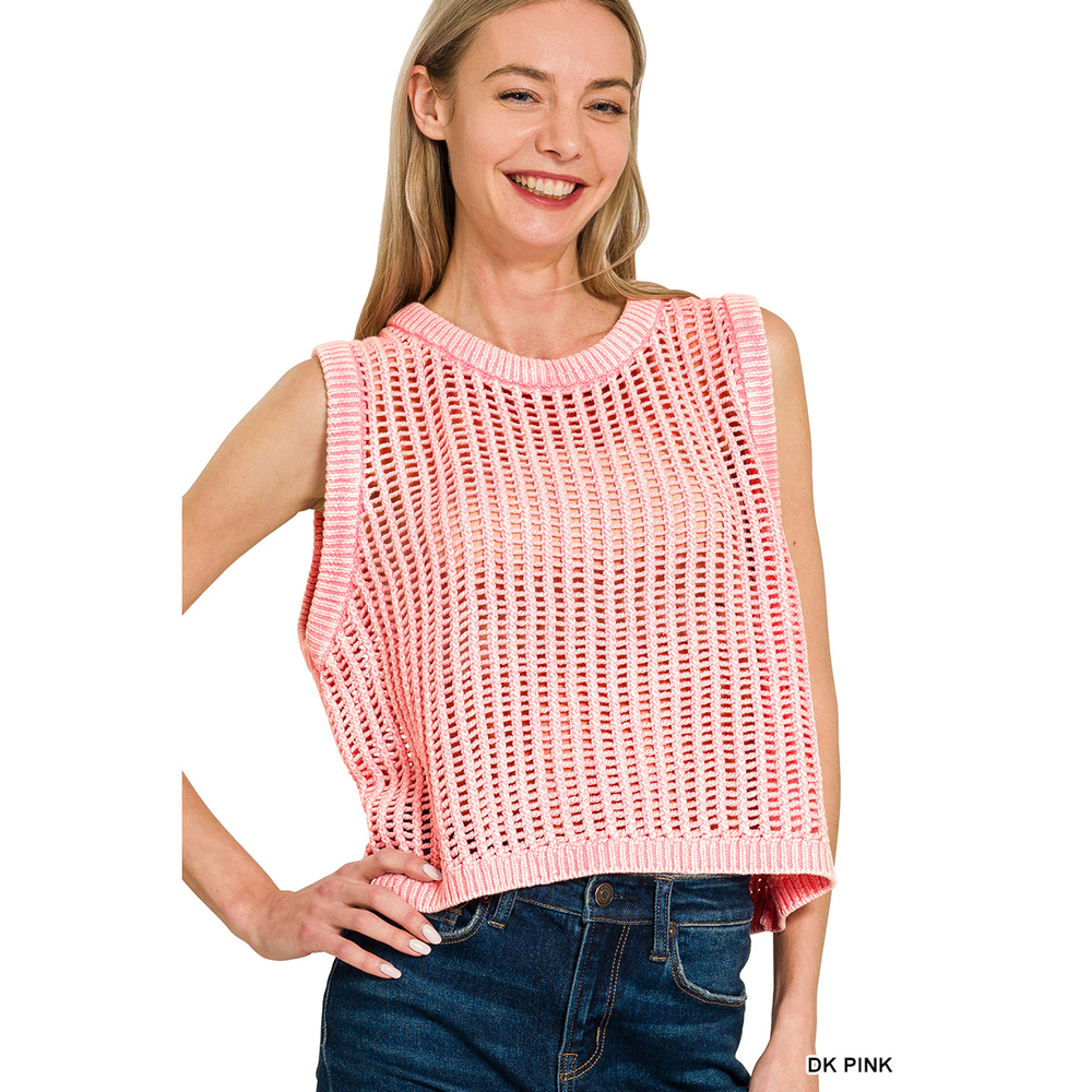 Z4 DK PINK Zenana Acid Washed Fishnet Sweater Vest Various Sizes